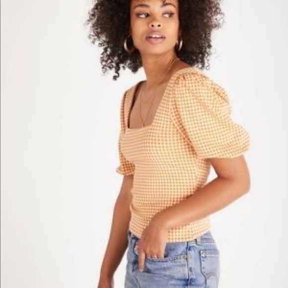 Backyard Roses “Carrie” top- Short puff sleeve orange and white gingham size S - Picture 2 of 6